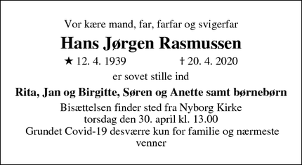 Dødsannoncen for Hans Jørgen Rasmussen - Nyborg