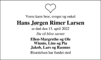 Dødsannoncen for Hans Jørgen Rimer Larsen - Hornslet