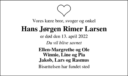 Dødsannoncen for Hans Jørgen Rimer Larsen - Hornslet