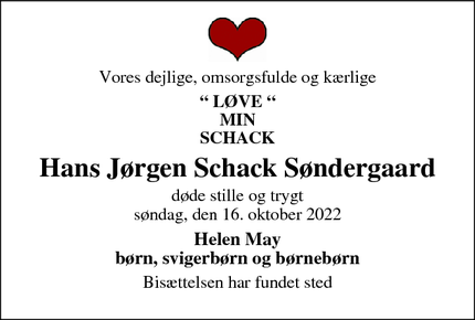 Dødsannoncen for Hans Jørgen Schack Søndergaard - Ebeltoft