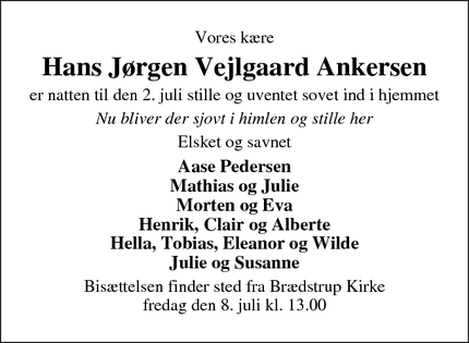 Dødsannoncen for Hans Jørgen Vejlgaard Ankersen - Vejle