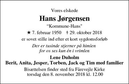 Dødsannoncen for Hans Jørgensen - Fårevejle