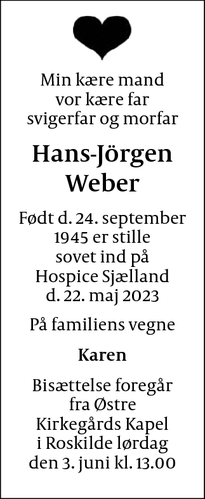 Dødsannoncen for Hans-Jörgen
Weber - Roskilde