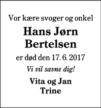 Dødsannoncen for Hans Jørn Bertelsen - Guldager ved Esbjerg