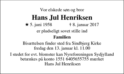 Dødsannoncen for Hans Jul Henriksen - Uldum