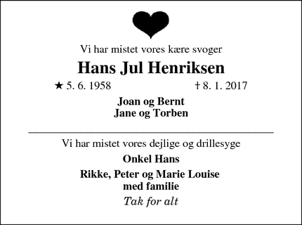 Dødsannoncen for Hans Jul Henriksen - Uldum