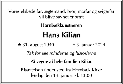 Dødsannoncen for Hans Kilian - Hornbæk