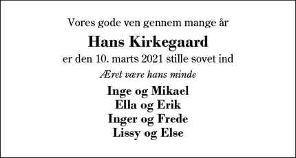 Dødsannoncen for Hans Kirkegaard - Herning