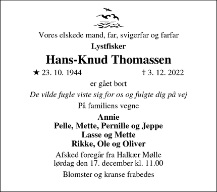 Dødsannoncen for Hans-Knud Thomassen - Halkær