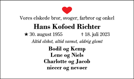 Dødsannoncen for Hans Kofoed Richter - Herning