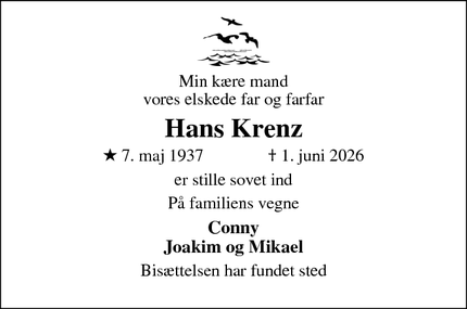 Dødsannoncen for Hans Krenz - Kerteminde