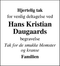 Taksigelsen for Hans Kristian Daugaards - Hornborg