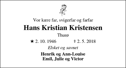 Dødsannoncen for Hans Kristian Kristensen - Thurø, Svendborg 