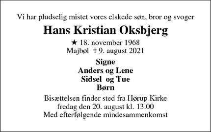 Dødsannoncen for Hans Kristian Oksbjerg - Majbøl