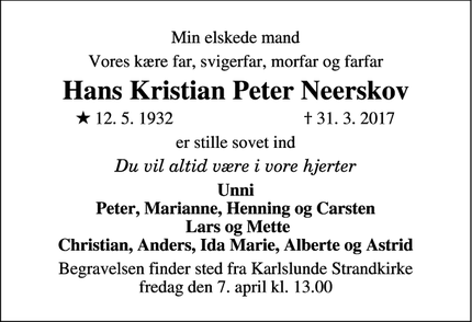 Dødsannoncen for Hans Kristian Peter Neerskov - Gentofte
