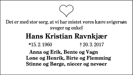 Dødsannoncen for Hans Kristian Ravnkjær - Give