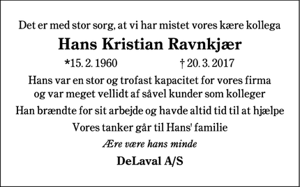 Dødsannoncen for Hans Kristian Ravnkjær - Give