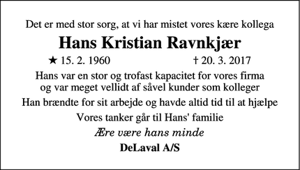 Dødsannoncen for Hans Kristian Ravnkjær - Give