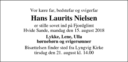 Dødsannoncen for Hans Laurits Nielsen - Hvide Sande