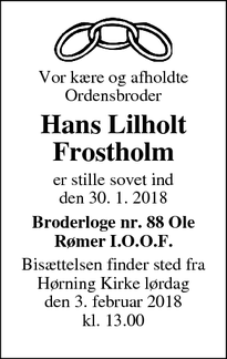 Dødsannoncen for Hans Lilholt Frostholm - Hørning