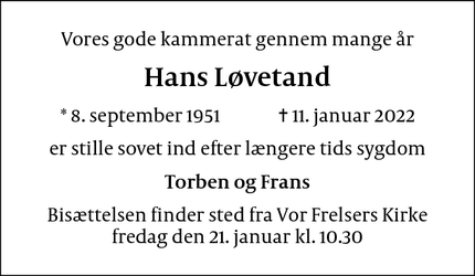Dødsannoncen for Hans Løvetand - København