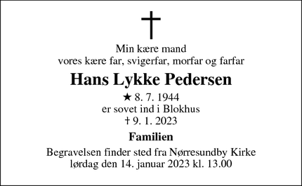 Dødsannoncen for Hans Lykke Pedersen - Hals