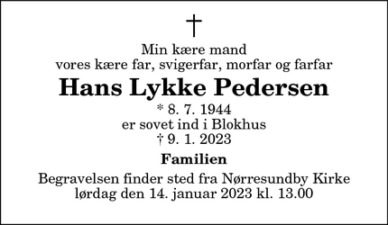 Dødsannoncen for Hans Lykke Pedersen - Hals