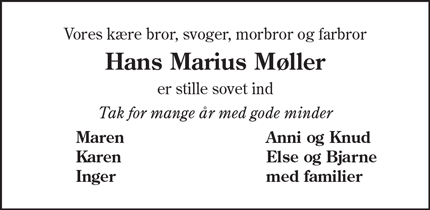 Dødsannoncen for Hans Marius Møller - Varde