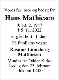 Dødsannoncen for Hans Mathiesen - Odder
