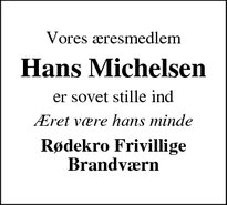 Dødsannoncen for Hans Michelsen - Rødekro