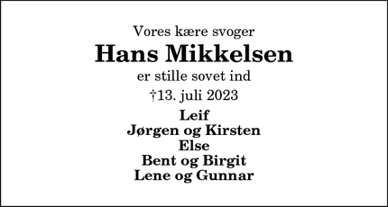 Dødsannoncen for Hans Mikkelsen - Sindal