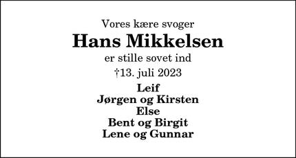 Dødsannoncen for Hans Mikkelsen - Sindal