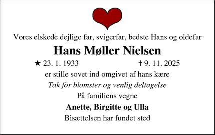 Dødsannoncen for Hans M&oslash;ller Nielsen - Hammel