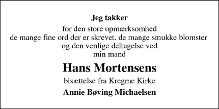 Dødsannoncen for Hans Mortensens - Brederød, Frederiksværk 