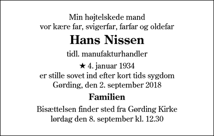 Dødsannoncen for Hans Nissen - Gørding