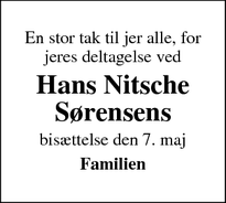 Dødsannoncen for Hans Nitsche Sørensens  - Hørsholm