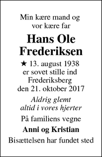 Dødsannoncen for Hans Ole Frederiksen - Frederiksberg