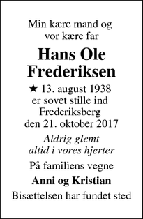 Dødsannoncen for Hans Ole Frederiksen - Frederiksberg