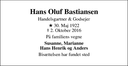 Dødsannoncen for Hans Oluf Bastiansen - Nykøbing Sjælland