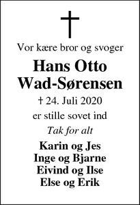 Dødsannoncen for Hans Otto
Wad-Sørensen - Holstebro