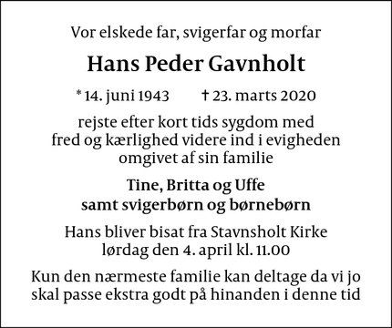 Dødsannoncen for Hans Peder Gavnholt - Farum