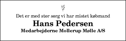 Dødsannoncen for Hans Pedersen - Nykøbing Mors