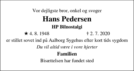 Dødsannoncen for Hans Pedersen - Randers Sø