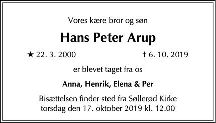Dødsannoncen for Hans Peter Arup - Holte