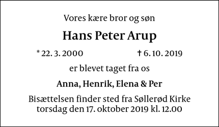 Dødsannoncen for Hans Peter Arup - Holte