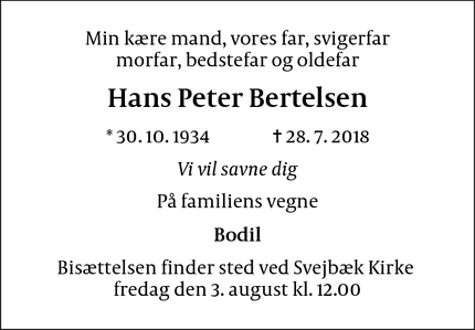 Dødsannoncen for Hans Peter Bertelsen - Svejbæk