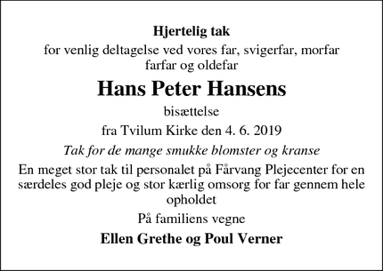 Dødsannoncen for Hans Peter Hansens - Fårvang