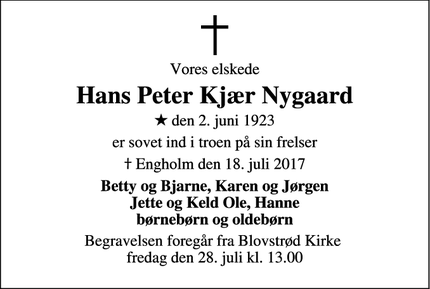 Dødsannoncen for Hans Peter Kjær Nygaard - Lillerød