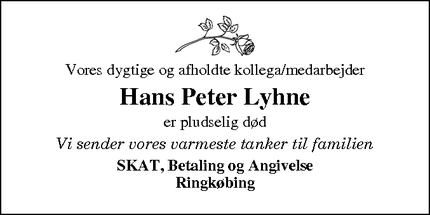 Dødsannoncen for Hans Peter Lyhne - Ulfborg