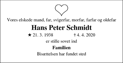 Dødsannoncen for Hans Peter Schmidt - Haderslev